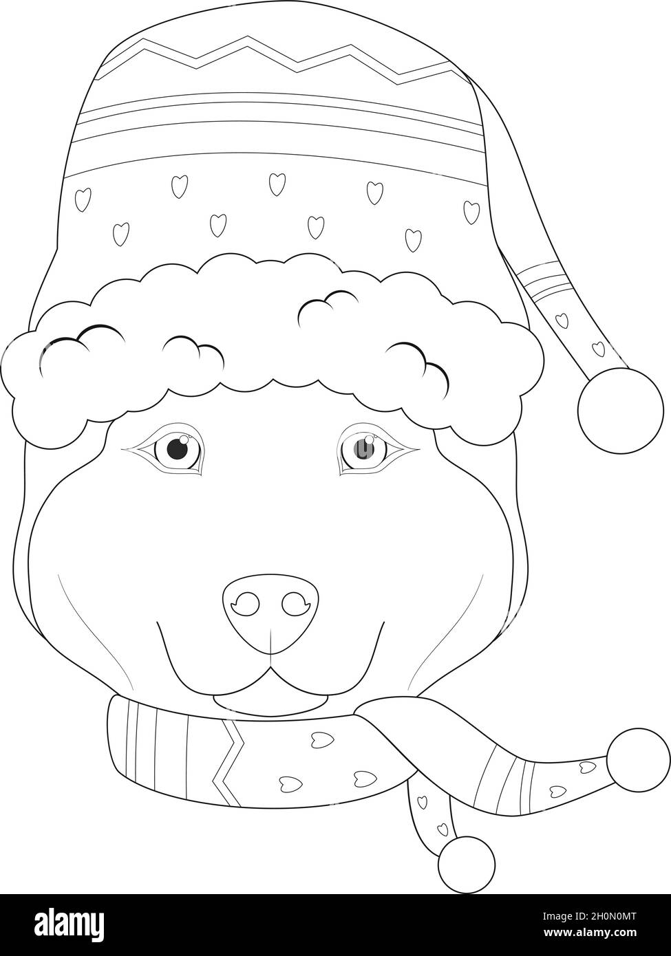 Carte de vœux de Noël à colorier.Chien Husky de Sibérie portant une écharpe et une casquette de laine pour l'hiver Illustration de Vecteur