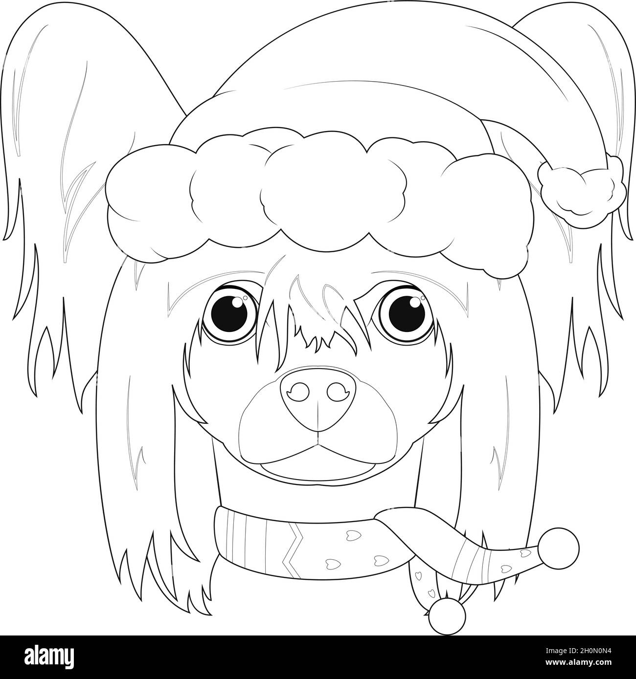 Carte de vœux de Noël à colorier.Chien chinois à crête avec chapeau de père Noël et foulard en laine pour l’hiver Illustration de Vecteur