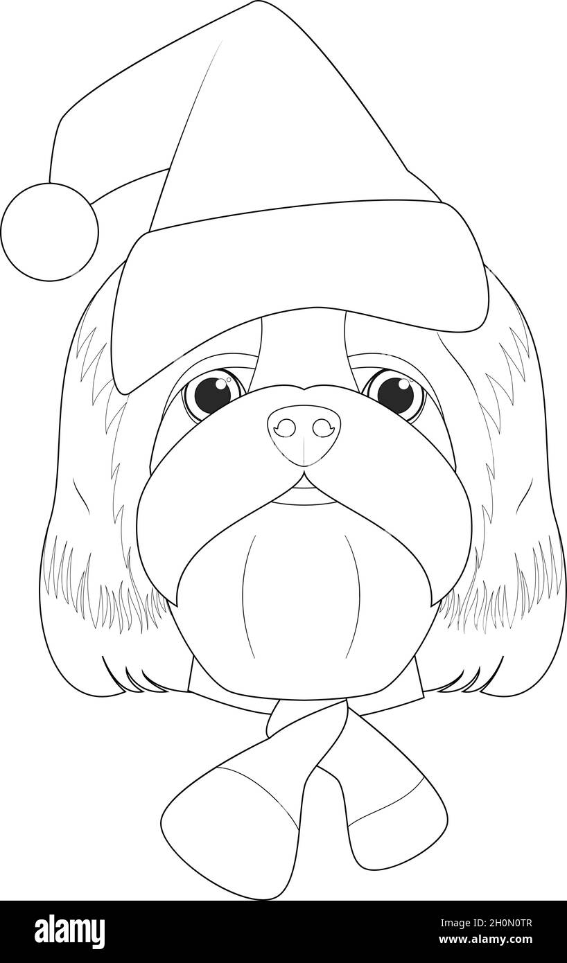 Carte de vœux de Noël à colorier.Chien Shitzu avec chapeau de père Noël Illustration de Vecteur