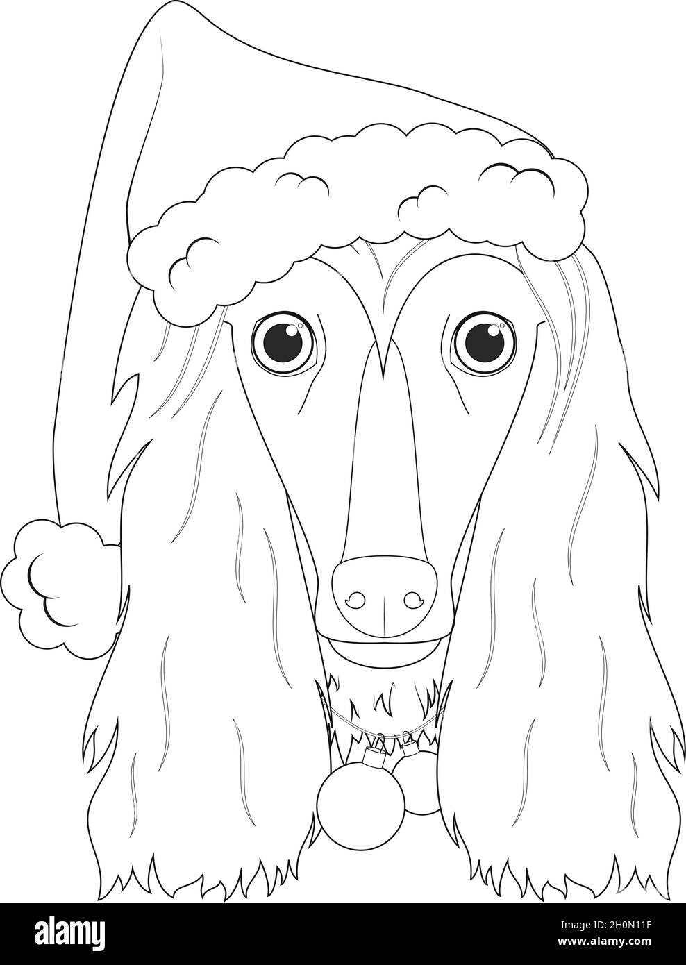 Carte de vœux de Noël à colorier.Chien courant afghan avec chapeau de père Noël et balles de Noël Illustration de Vecteur
