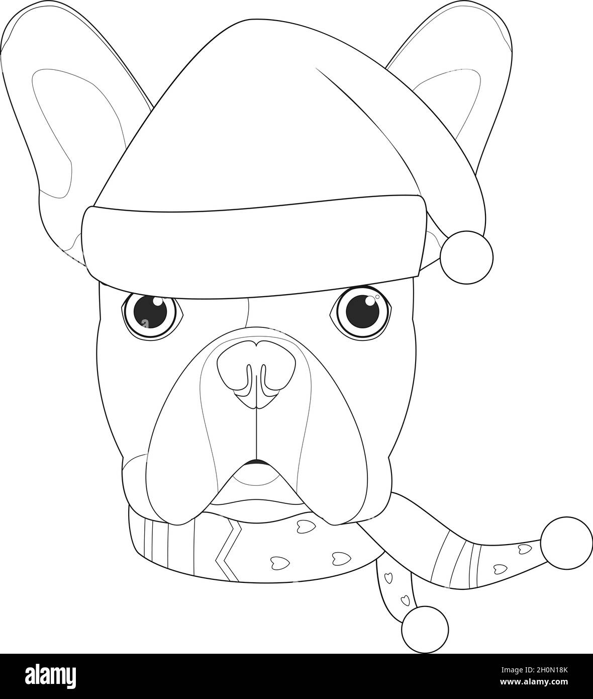 Carte de vœux de Noël à colorier.Chien Bulldog français avec chapeau de père Noël Illustration de Vecteur