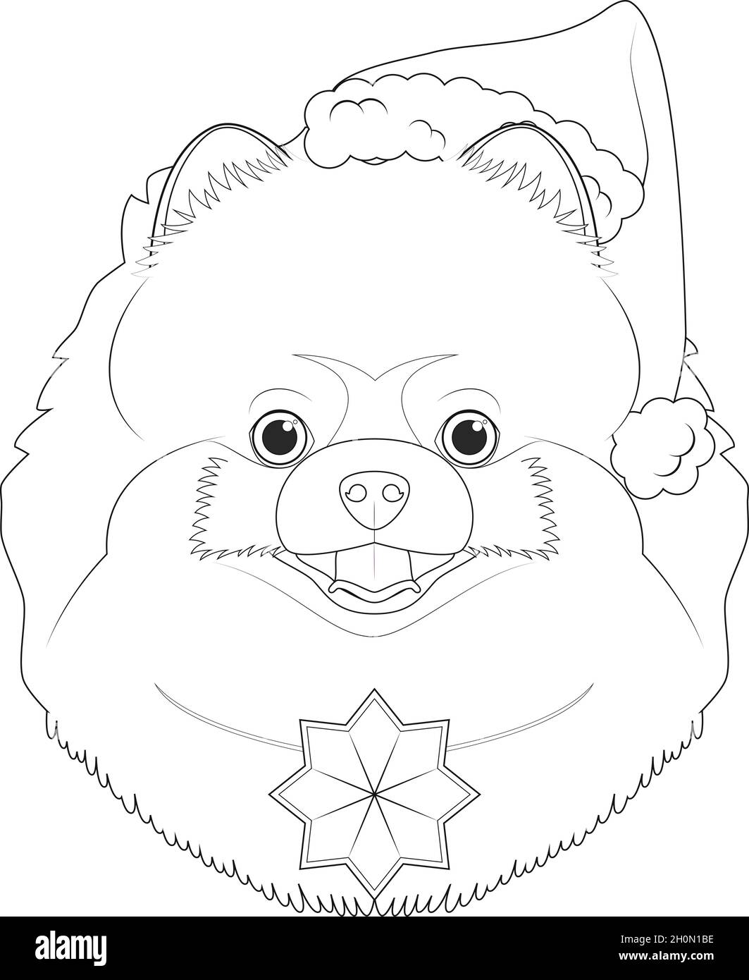 Carte de vœux de Noël à colorier.Chien de Poméranie avec chapeau de Père Noël et un ornement de Noël Illustration de Vecteur