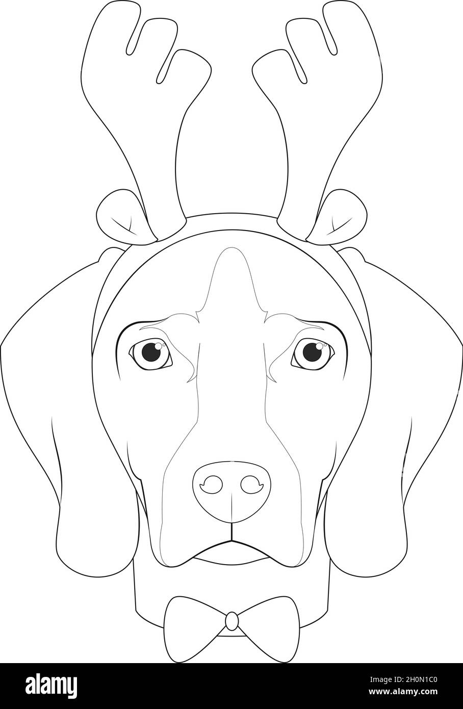 Carte de vœux de Noël à colorier.Chien Weimaraner avec cornes de renne et noeud papillon Illustration de Vecteur
