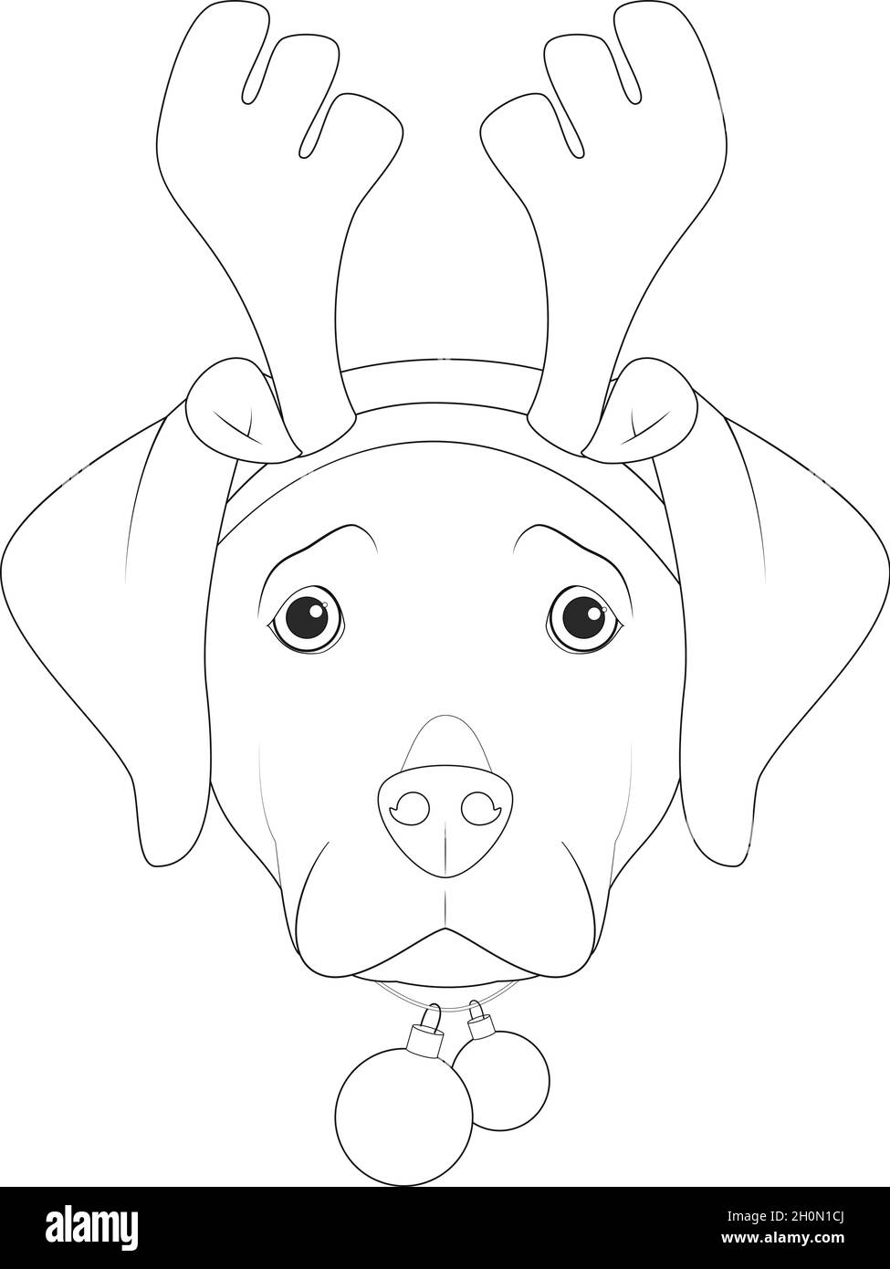 Carte de vœux de Noël à colorier.Chien Labrador Retriever avec cornes de renne et balles de Noël Illustration de Vecteur