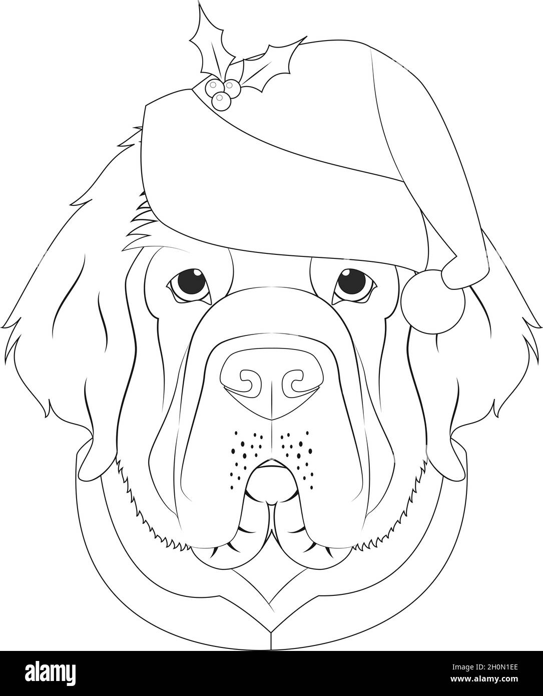 Carte de vœux de Noël à colorier.Chien de Terre-Neuve avec chapeau de père Noël Illustration de Vecteur