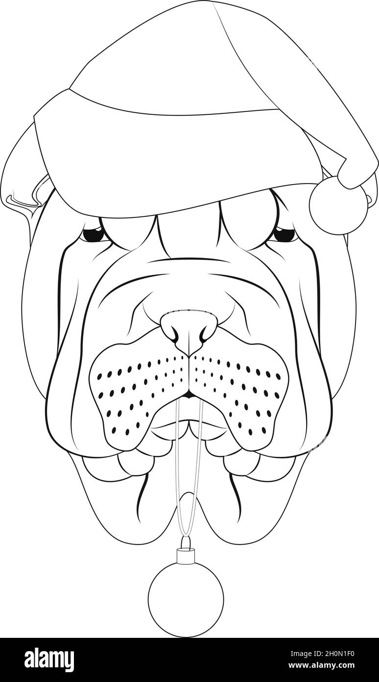 Carte de vœux de Noël à colorier.Chien Shar PEI avec chapeau de père Noël et balle de Noël Illustration de Vecteur
