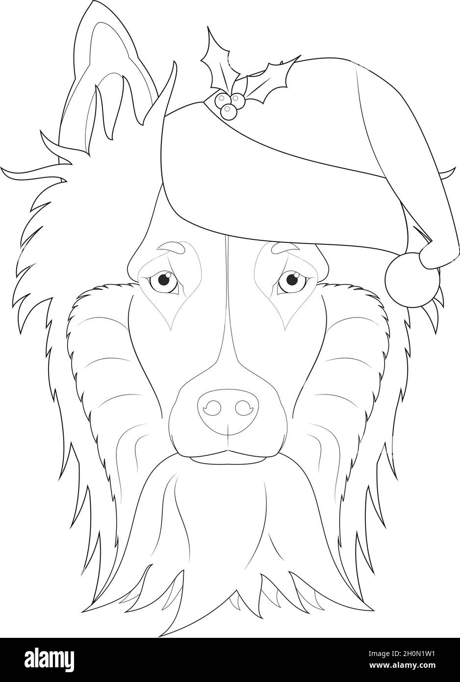 Carte de vœux de Noël à colorier.Chien rouge Collie avec chapeau de père Noël Illustration de Vecteur