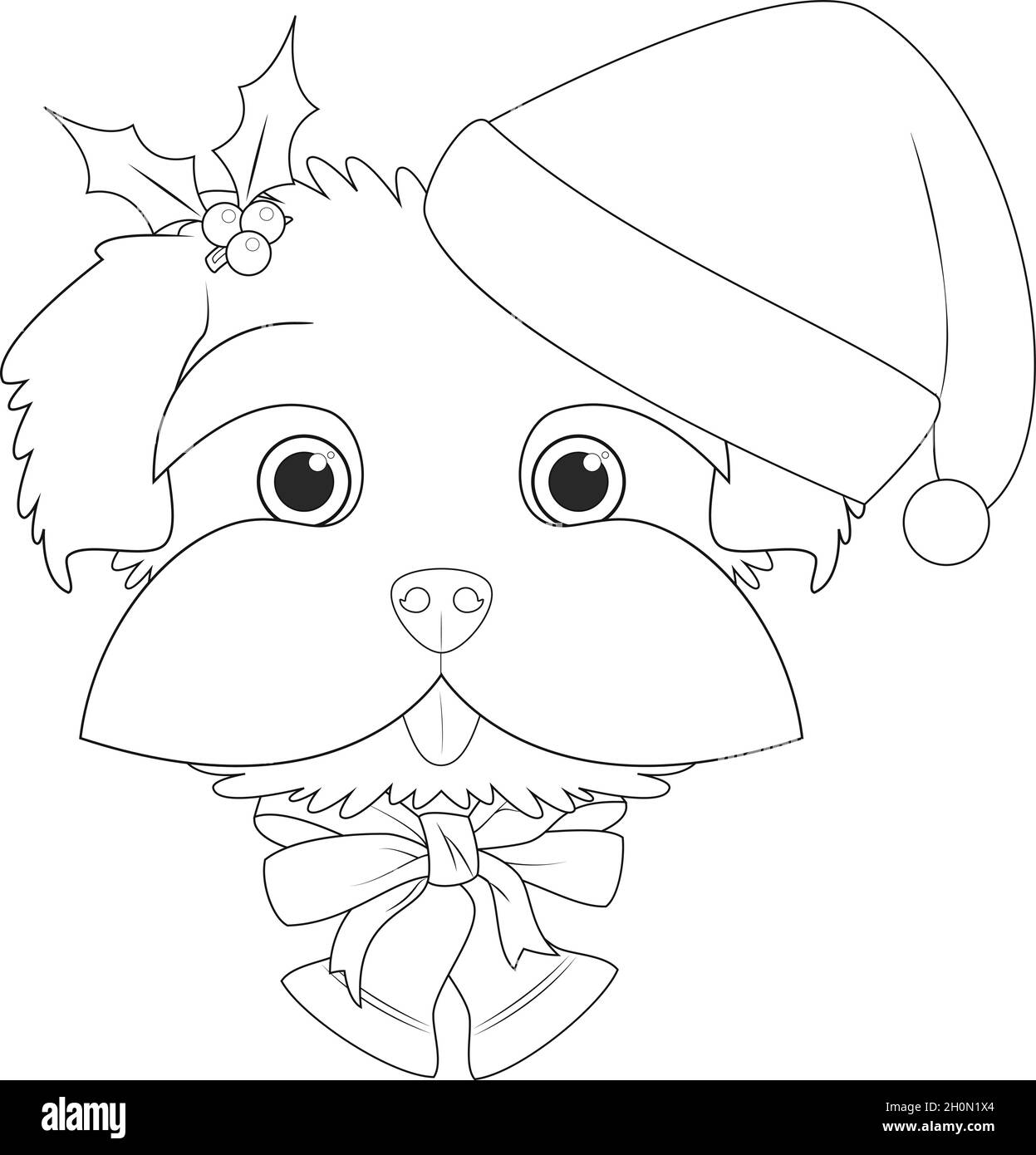 Carte de vœux de Noël à colorier.Chien maltais avec chapeau de Père Noël et cloches de Noël Illustration de Vecteur