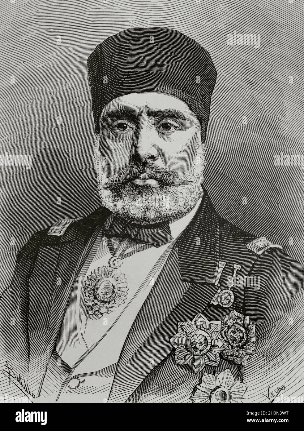 Muhammad III AS-Sadiq (1813-1882), appelé Sadok Bey par les Français.Husaïd Bey de Tunis (1859-1882).Portrait.Illustration par Badillo.Gravure par Banque D'Images