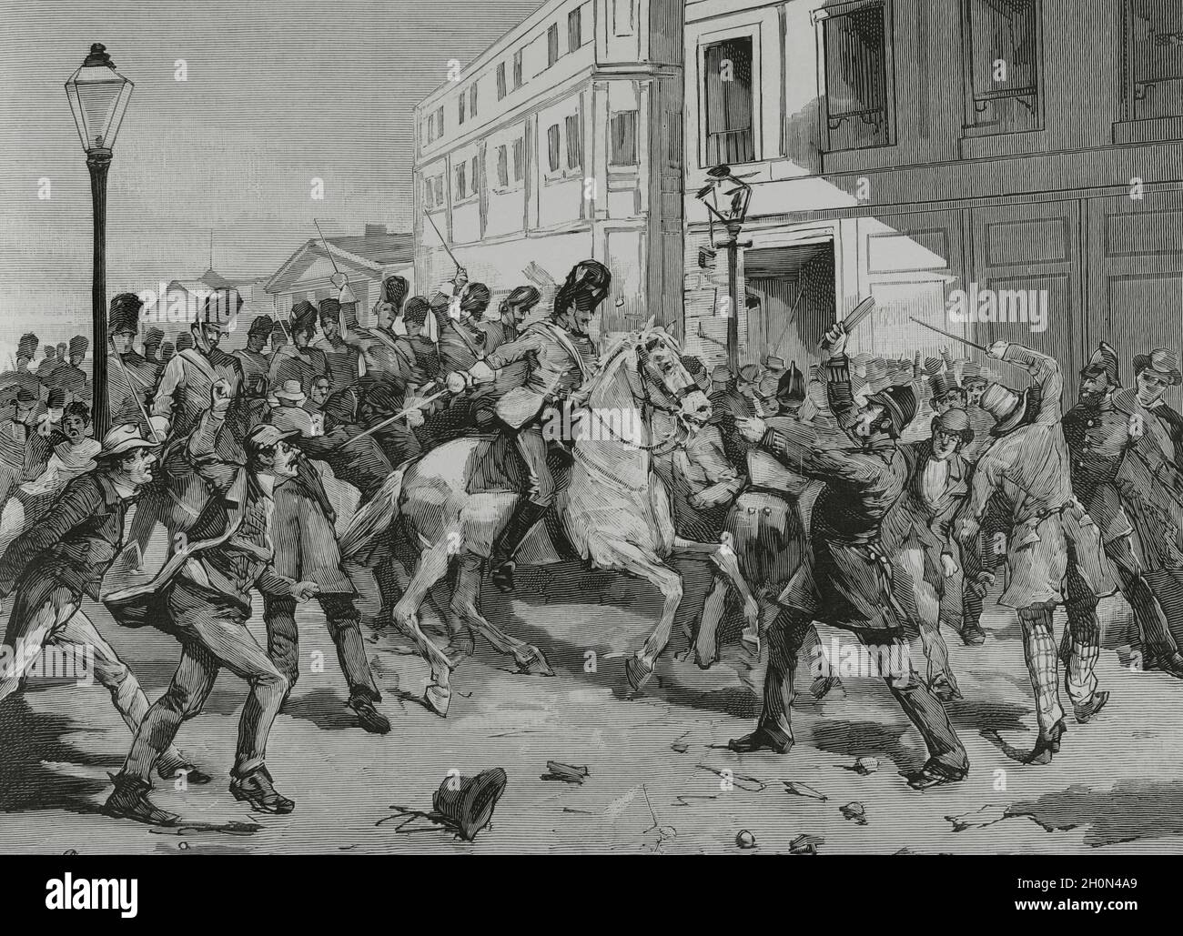 Irlande, Limerick.Agitation agricole.Émeutes dans les rues.Une section de la cavalerie Royal Scots Grays qui a fait payer les manifestants de la Land League, qui étaient sur le eston Banque D'Images