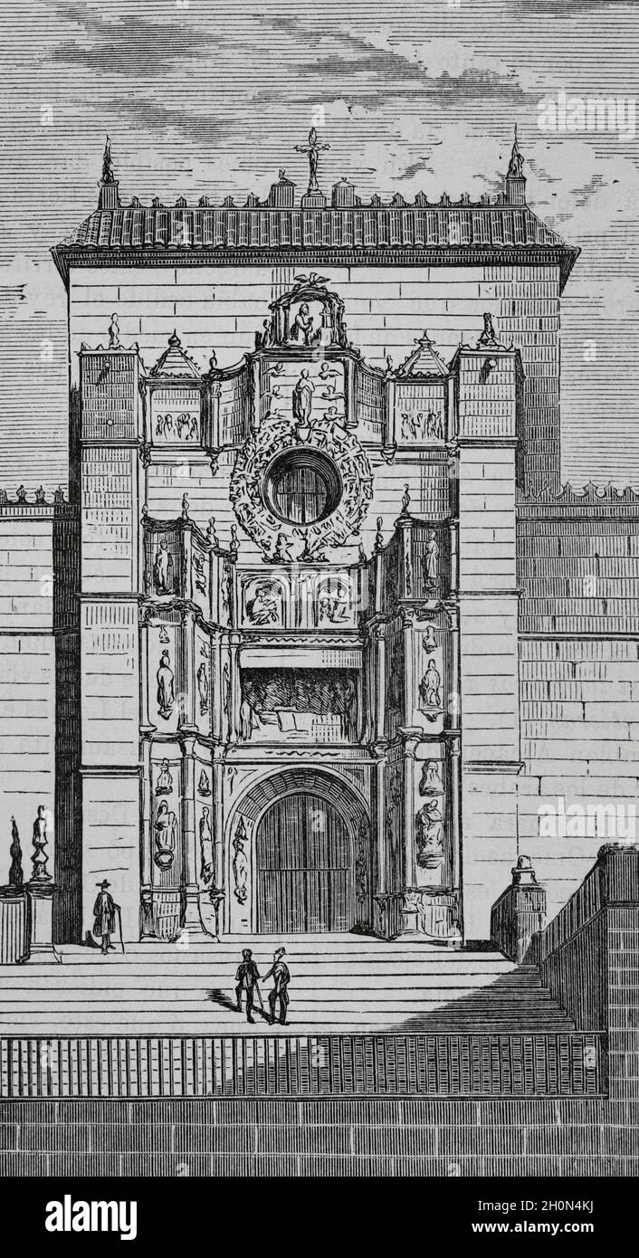 Espagne, Galice, Pontevedra.Église de Sainte Marie, façade.Gravure.Cronica général de España.Historia Ilustrada y Descriptiva de sus Provincias.AG Banque D'Images