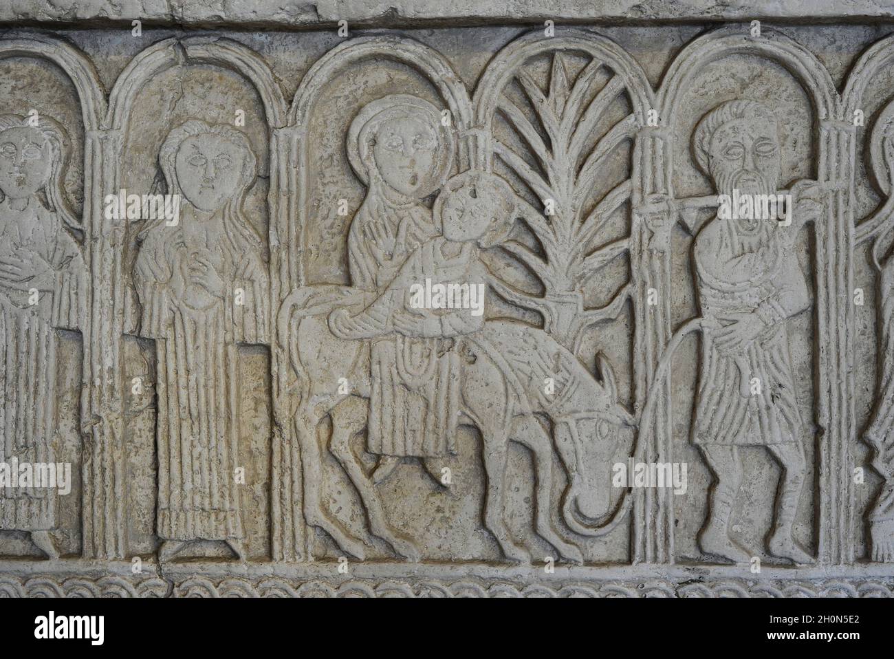 Dalles d'écran de l'église Saint-Nediljica à Zadar, XIe siècle (copie).Croatie.Détail de l'envol en Égypte.Musée de l'Arche croate Banque D'Images
