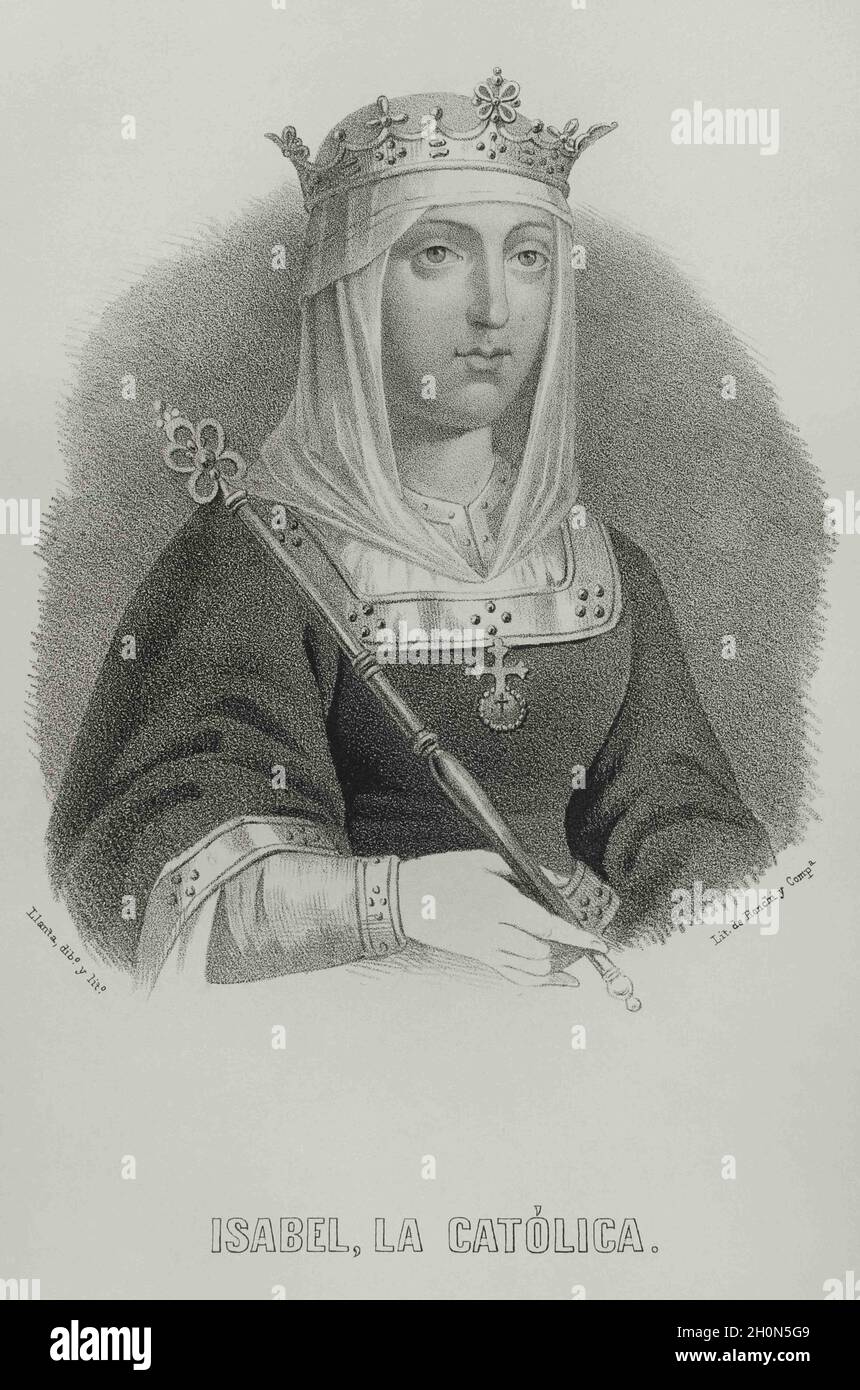 Isabella I (1451-1504). Reine de Castille (1474-1504). Reine consort d'Aragon pour son mariage avec Ferdinand II d'Aragon. Portrait. Illustration par LL Banque D'Images