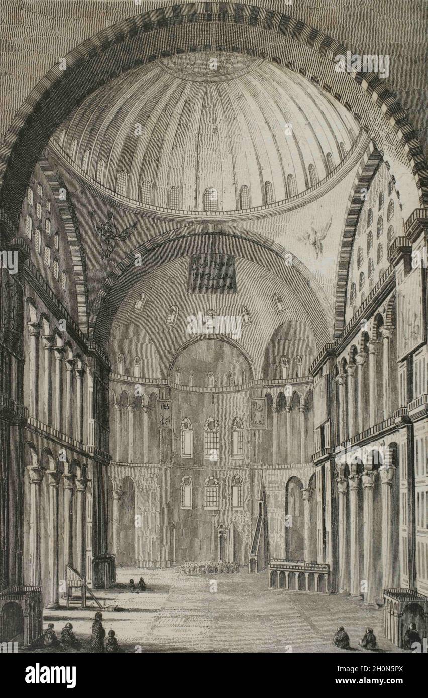 Époque Empire ottoman. Turquie. Constantinople (aujourd'hui Istanbul). Hagia Shopia. Basilique byzantine transformée en mosquée. Vue intérieure. Gravure par Lemai Banque D'Images