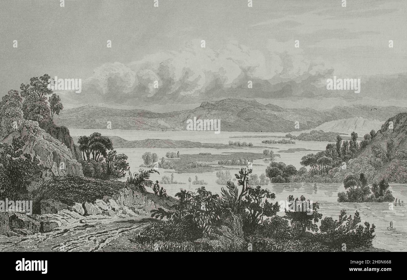 États-Unis. Inondation du Mississippi. Gravure de Danvin. Panorama universel. Histoire des Etats-Unis d'Amérique, de la 1ère édition de Jean B.G. Roux Banque D'Images