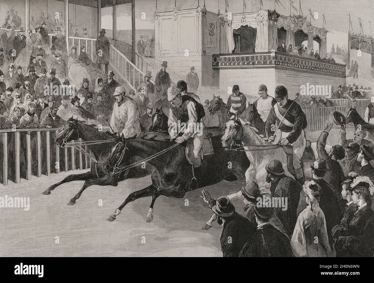 Alfonso XII (1857-1885).Roi d'Espagne.Mercedes d'Orléans (1860-1878).Mariage du roi Alfonso XII à Infanta Mercedes d'Orléans, célébré le 23 janvier 1878.Célébrations royales à Madrid à l'occasion de l'événement.Inauguration de l'hippodrome de la Castellana à l'occasion des festivals royaux.Quatrième course de chevaux l'après-midi du 31 janvier, remportée par 'il Barbiere', propriété de M. Davies, de Jerez.Dessin de Perea.Gravure de Rico.La Ilustración Española y Americana, 1878. Banque D'Images