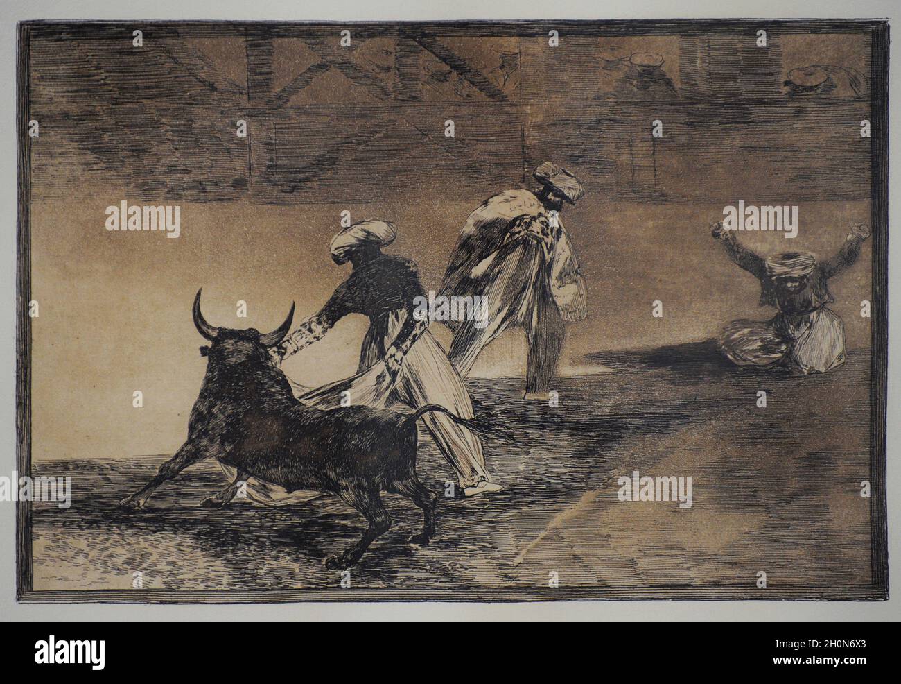 Francisco de Goya y Lucientes (1746-1828).Peintre espagnol.La Tauromaquia (Bullfighting).Le taureau a essui un autre enfermé (El Torero cape Banque D'Images