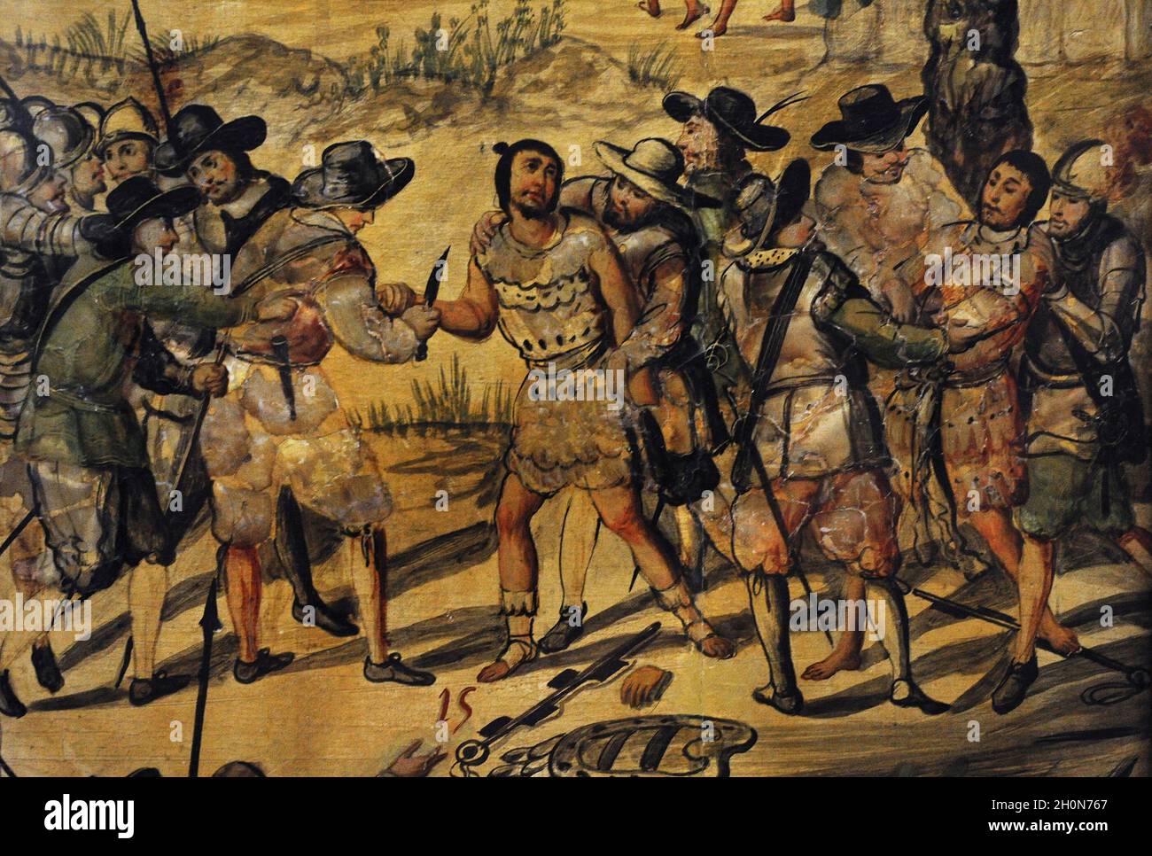 Conquête du Mexique (1519-1521).Vers Cholula.Punition reçue par les Indiens espions de Xicotencatl: Les soldats espagnols se coupent les mains.Détai Banque D'Images