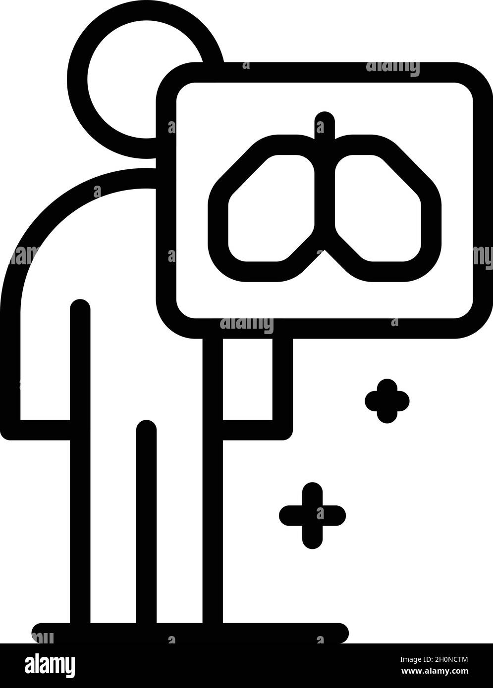 Vecteur de contour de l'icône de traitement par rayons X.Patient cancéreux.Poitrine pulmonaire Illustration de Vecteur