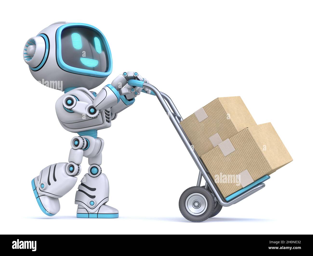 Illustration de rendu 3D robot Push Hand Truck bleu mignon isolée sur fond blanc Banque D'Images