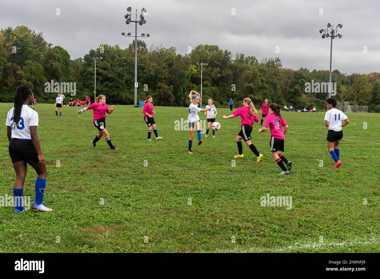 Match de football pour filles, Philadelphie, PA, États-Unis Banque D'Images