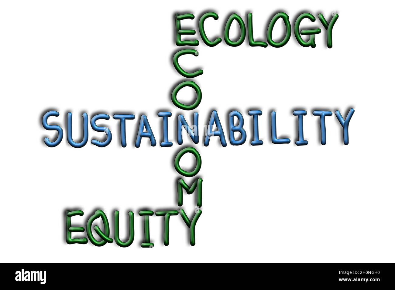 Sustainability, Ecology, Economy, Equity, Words as 3D illustration en forme de mots croisés isolée sur fond blanc Banque D'Images