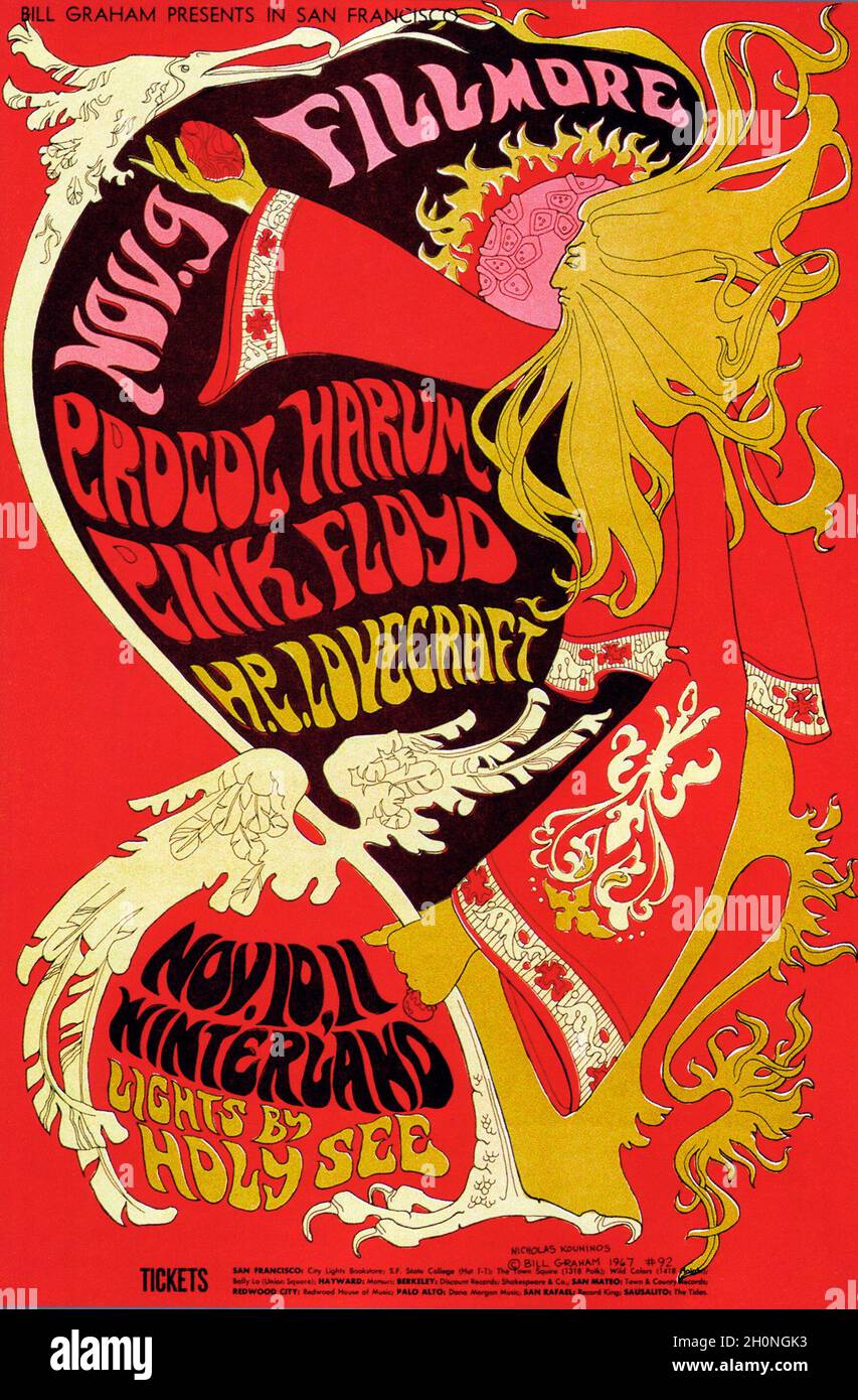 Affiche pour un concert de novembre 1967 au Fillmore Auditorium, San Francisco, USA, avec les groupes britanniques Procol Harum et Pink Floyd. Banque D'Images