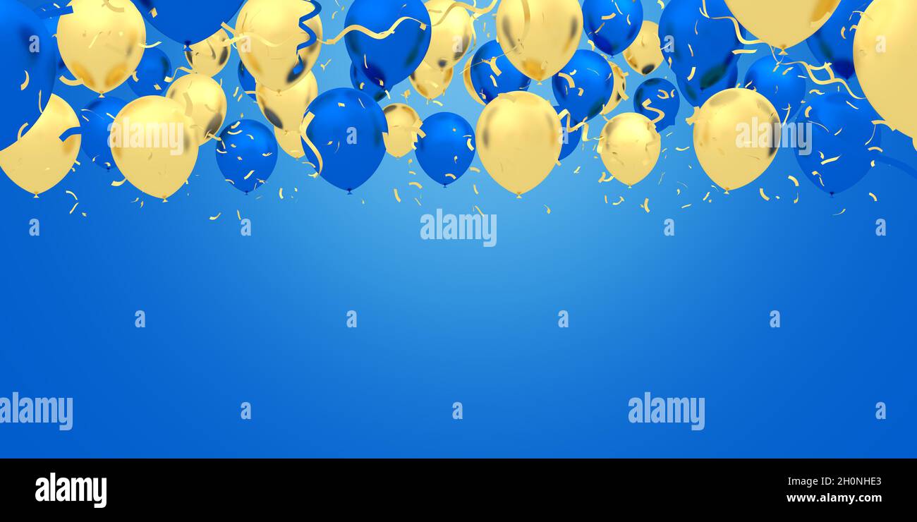 Ballons bleu et or isolés sur fond blanc.illustration 3d. Banque D'Images