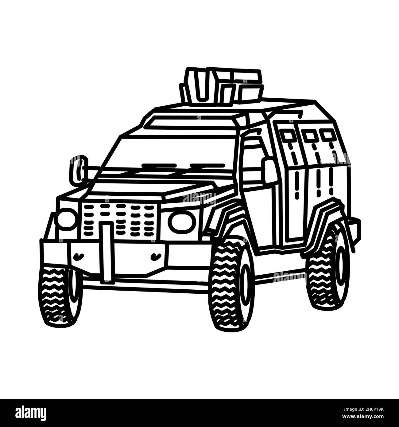 Voiture de police blindée fait partie de l'équipement et des accessoires de police ensemble d'icônes dessinées à la main Vector. Illustration de Vecteur