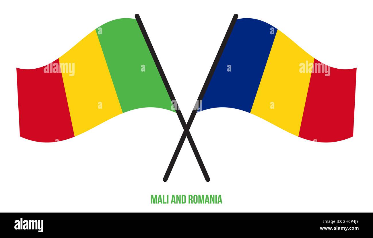 Mali et Roumanie drapeaux croisés et ondulés de style plat. Proportion officielle. Corriger les couleurs. Illustration de Vecteur