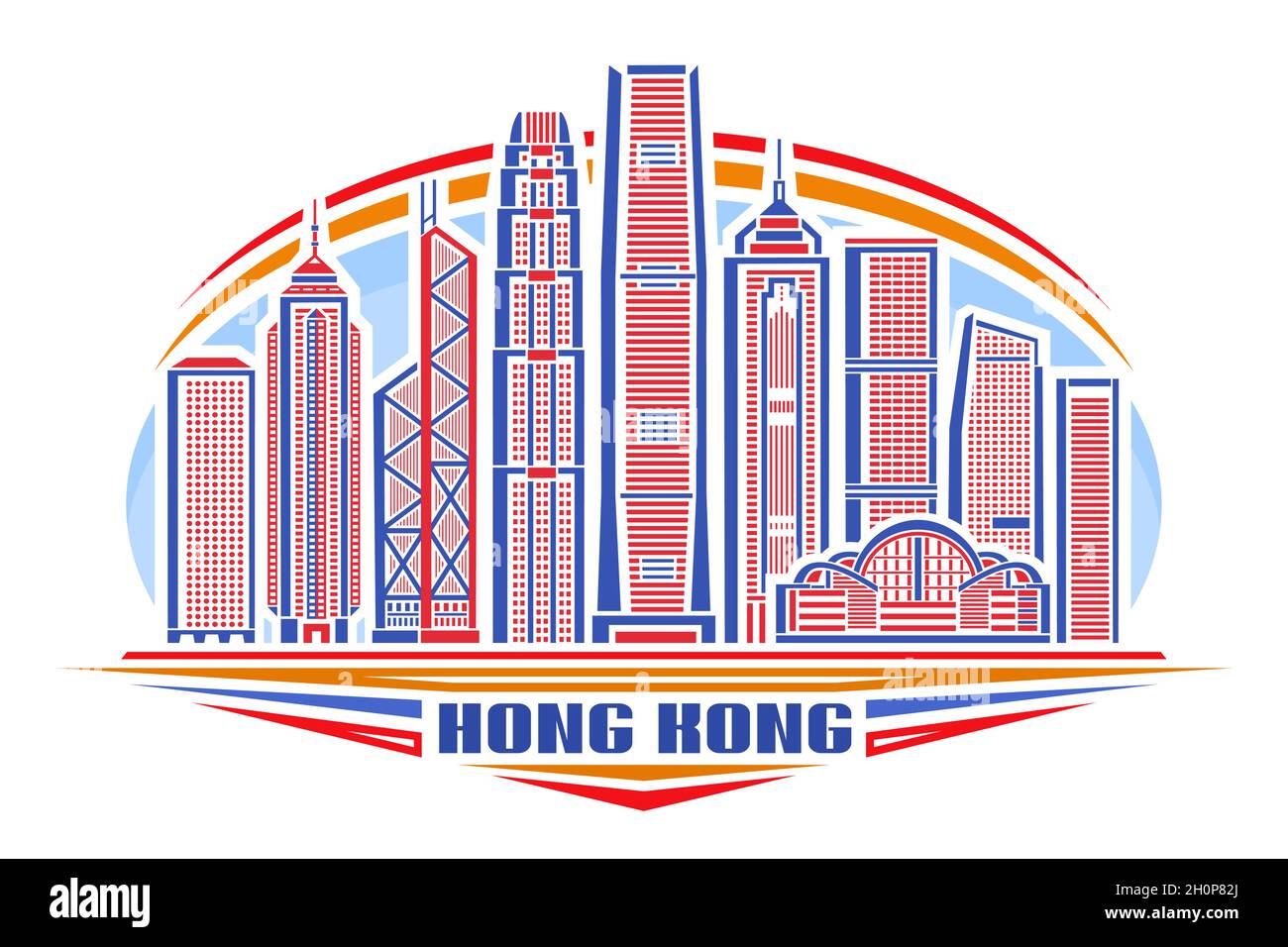 Illustration vectorielle de Hong Kong, affiche horizontale avec design linéaire hongkong paysage de ville sur fond de ciel de jour, concept d'art urbain avec decorati Illustration de Vecteur