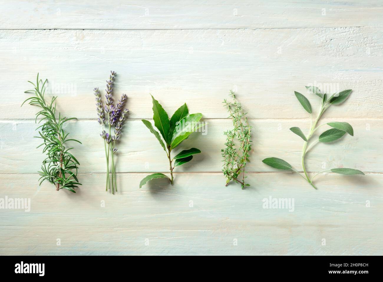 Herbes aromatiques fraîches, plan de dessus plat sur un fond en bois.Romarin, lavande, feuille de Laurier, thym et sauge, plantes culinaires Banque D'Images