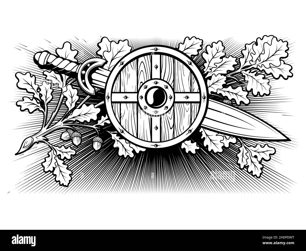 Viking, design scandinave.Bouclier viking, épée de guerrier et branche de chêne avec des feuilles et des glands - un symbole de courage Illustration de Vecteur