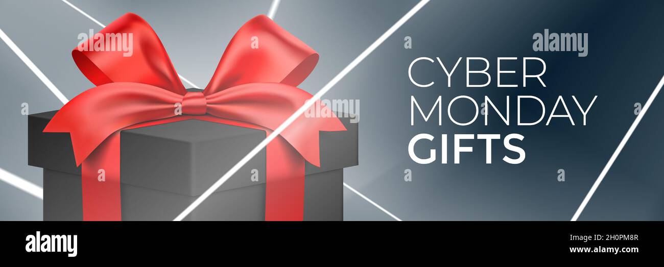 Cyber Monday cadeaux énergique vecteur bannière conception, avec un coffret cadeau noir et des lumières laser blanches. Illustration de Vecteur