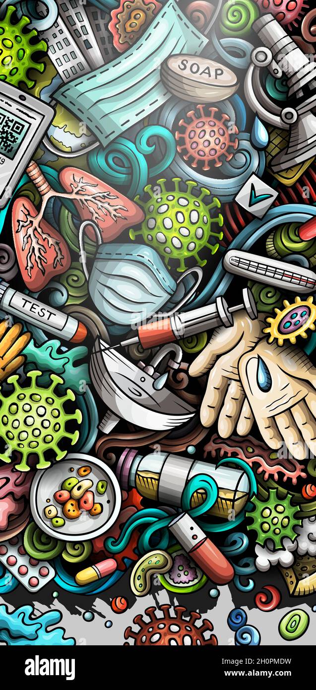 Banderole à motif de coolé tiré à la main du coronavirus.Brochure détaillée du vecteur de dessin animé. Illustration de Vecteur
