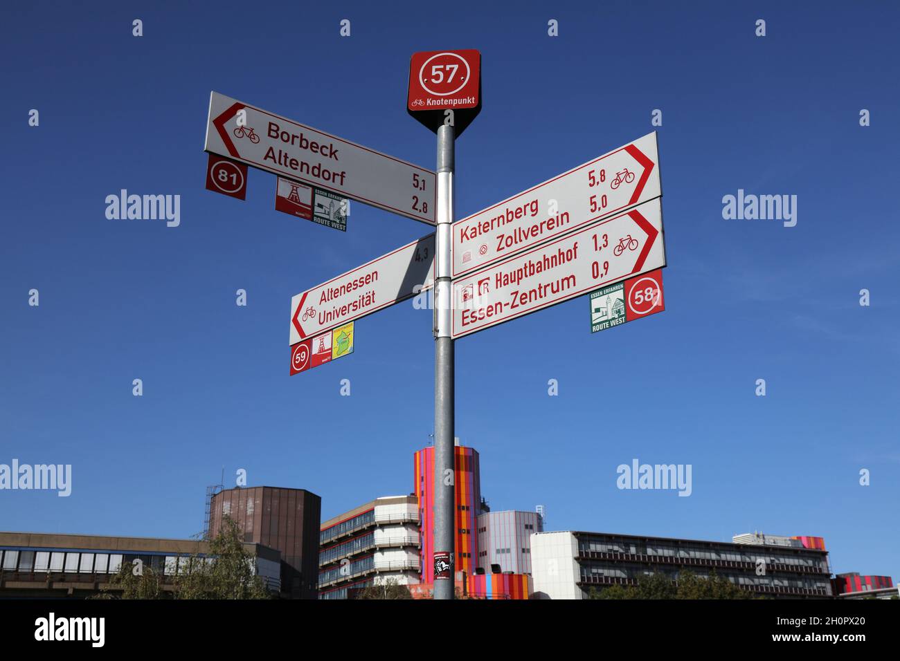ESSEN, ALLEMAGNE - 20 SEPTEMBRE 2020 : panneaux de direction de la route des vélos à Essen, Allemagne.Essen est la 9e plus grande ville d'Allemagne. Banque D'Images