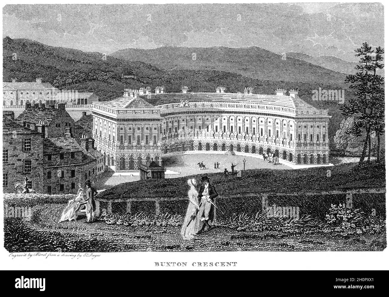 Une gravure de Buxton Crescent, Derbyshire Royaume-Uni scanné à haute résolution à partir d'un livre imprimé en 1812.Je pensais libre de droits d'auteur. Banque D'Images