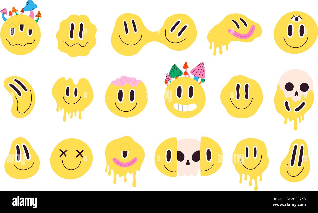 Rétro fondant fou et dégouillant visage smiley avec des champignons.Graffiti avec crâne déformé emoji.Jeu de caractères hippie groovy Smile vector Illustration de Vecteur