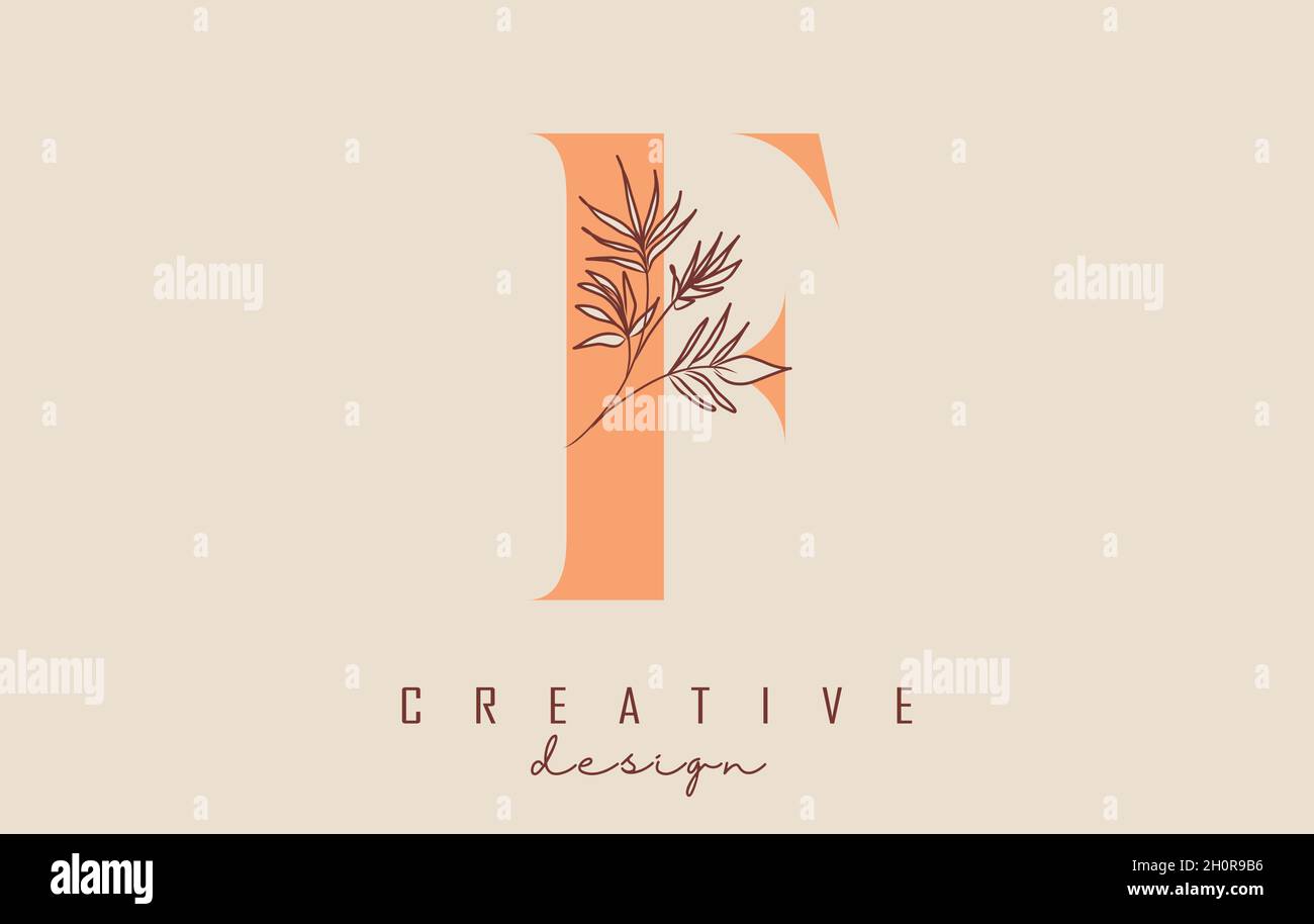 Logo lettre F de couleur orange avec illustration vectorielle représentant une branche de feuilles.Icône minimaliste pour les produits naturels, écologiques et biologiques. Illustration de Vecteur