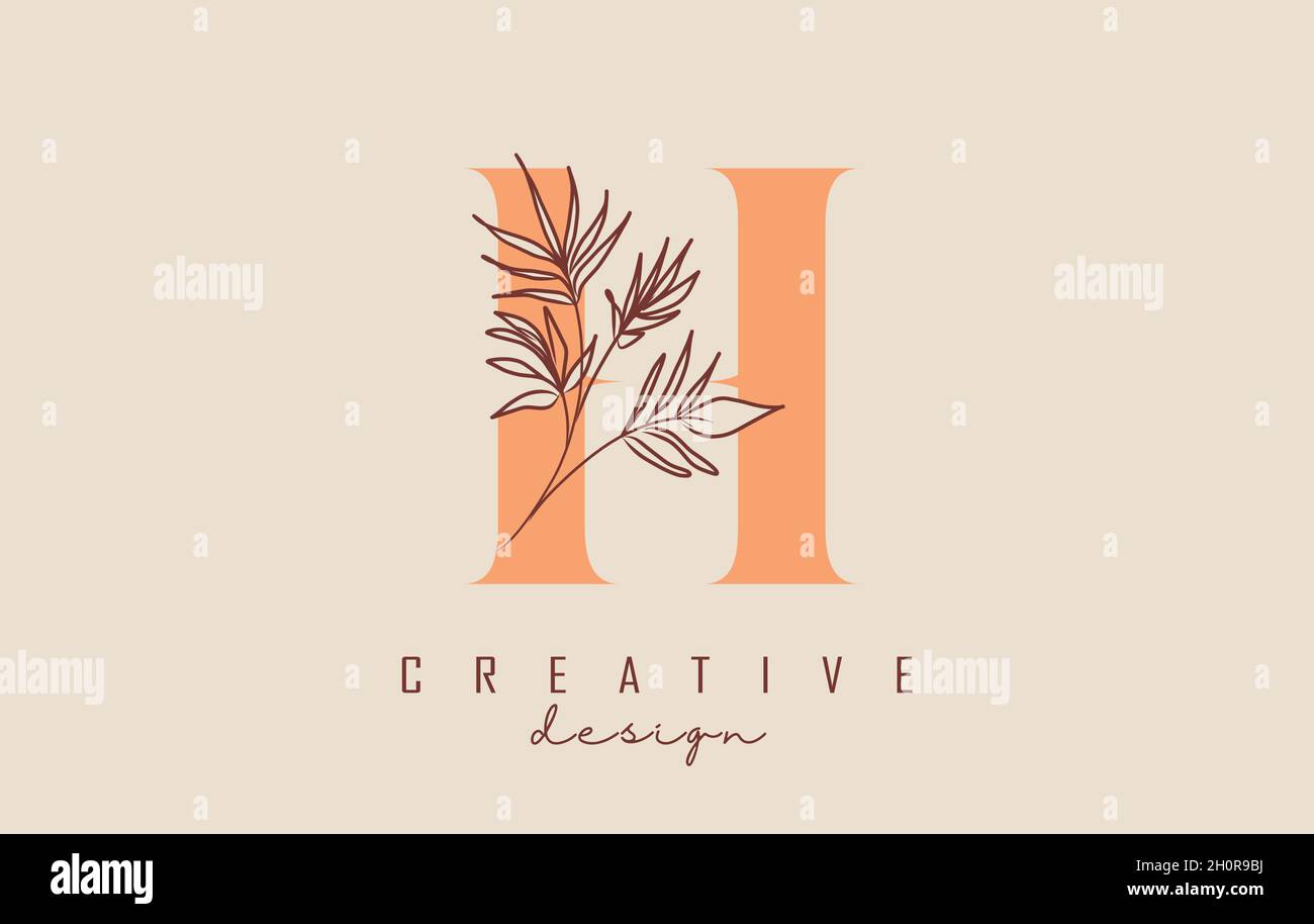 Logo en forme de lettre H de couleur orange avec illustration vectorielle représentant une branche de feuilles.Icône minimaliste pour les produits naturels, écologiques et biologiques. Illustration de Vecteur
