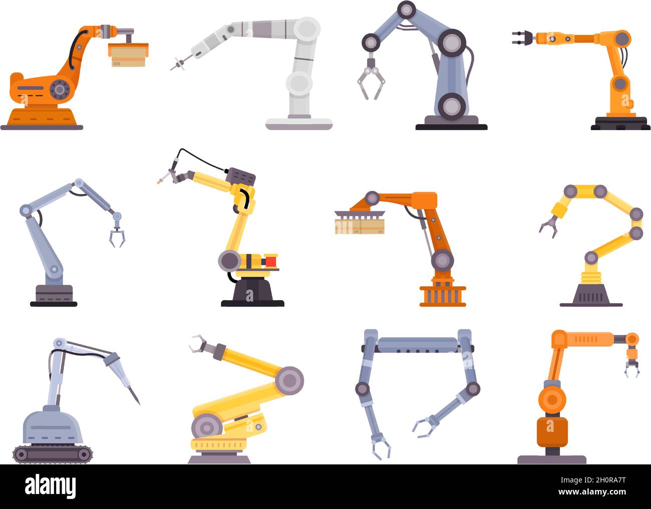 Bras robotiques d'usine, manipulateurs et grues pour l'industrie de fabrication.Outil de contrôle mécanique plat, kit vectoriel d'équipement de technologie d'automatisation Illustration de Vecteur