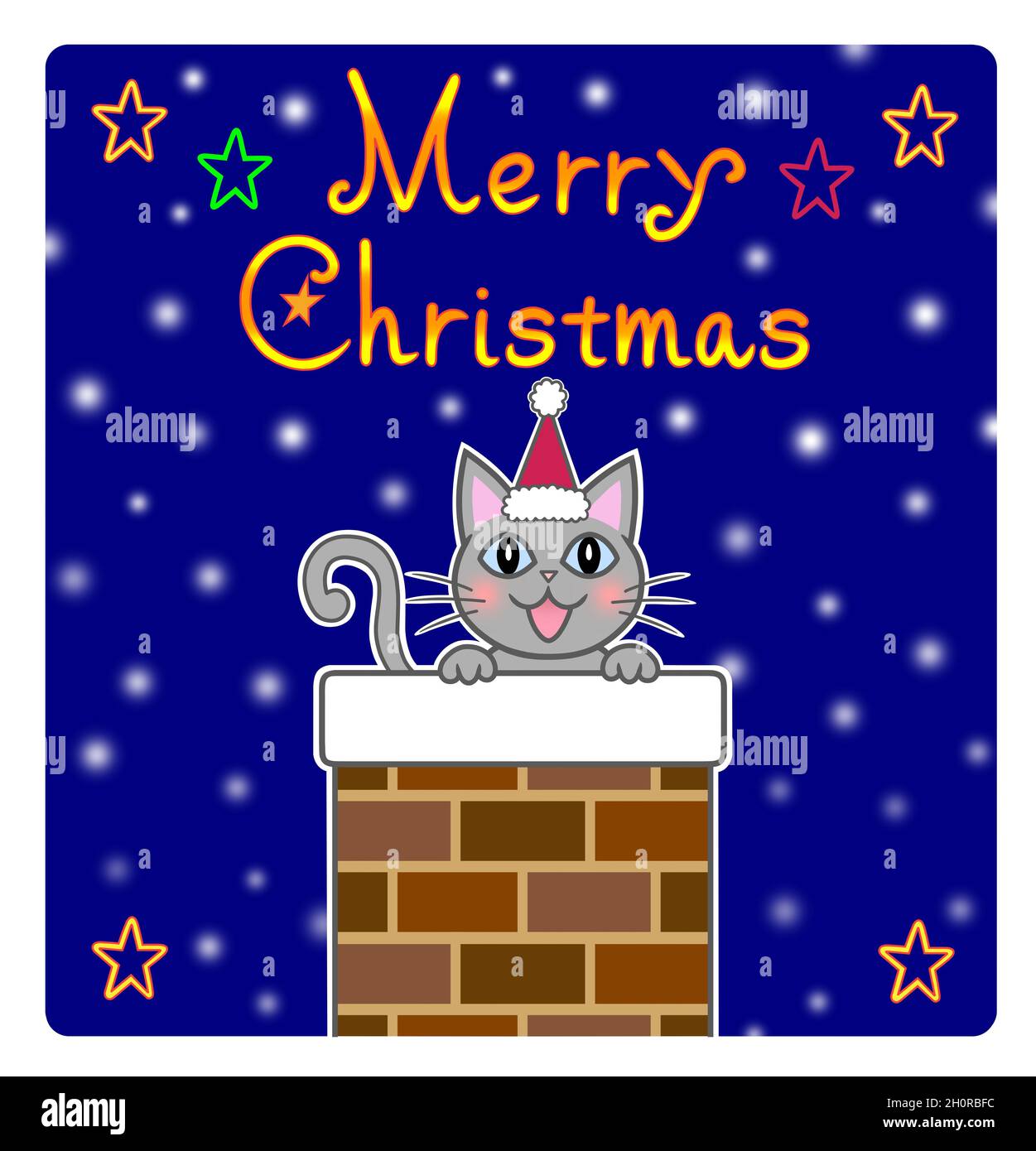 Un chat gris dans un chapeau rouge sortant d'une cheminée brune et des lettres de Joyeux Noël sur fond neigeux. Banque D'Images