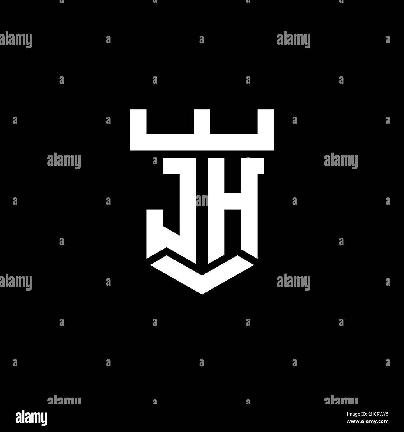 Logo JH monogramme initial avec modèle de style de forme de château isolé dans fond noir Illustration de Vecteur