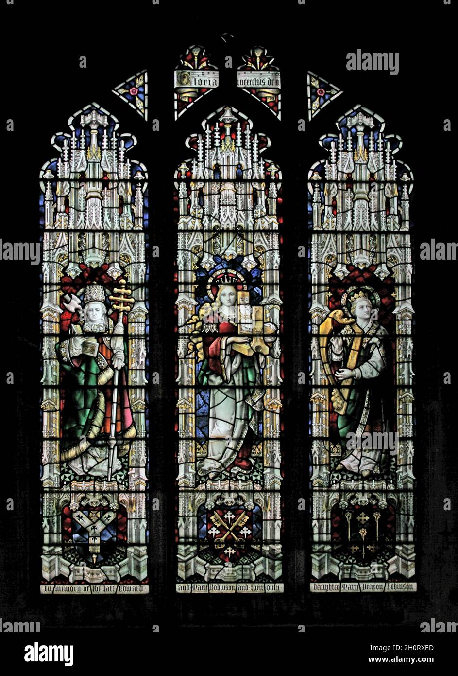 Vitraux de Henry Victor Milner représentant les saints Gregory, Cecilia et le roi David, l'église Saint-Nicolas, Islip, Northamptonshire Banque D'Images