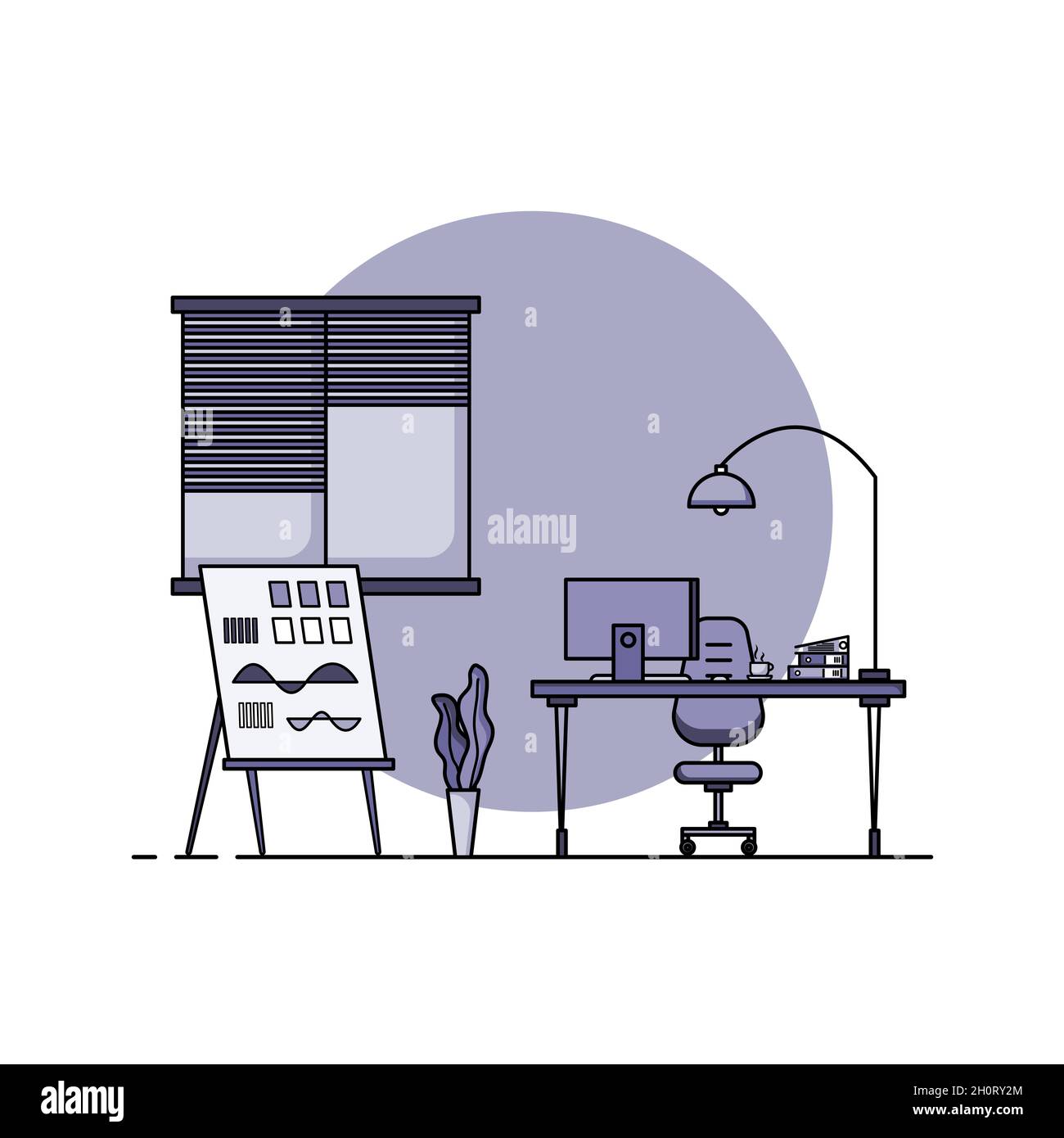 Table de travail conception plate, concept de bureau intérieur avec mobilier. Salle de travail avec ordinateur, bureau, table, chaise, livre, et équipement fixe Banque D'Images