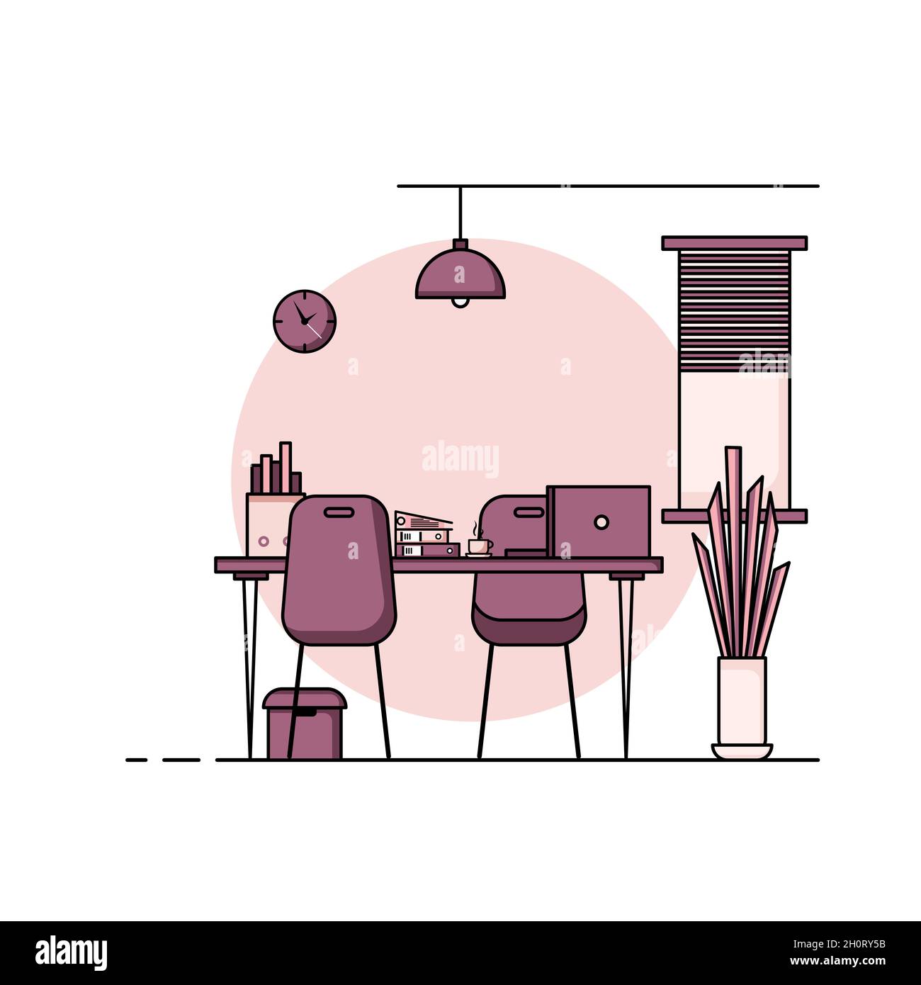 Table de travail conception plate, concept de bureau intérieur avec mobilier. Salle de travail avec ordinateur, bureau, table, chaise, livre, et équipement fixe Banque D'Images