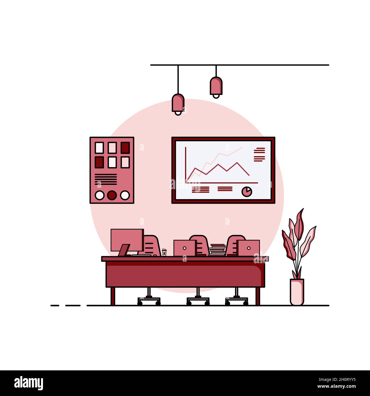 Table de travail conception plate, concept de bureau intérieur avec mobilier. Salle de travail avec ordinateur, bureau, table, chaise, livre, et équipement fixe Banque D'Images