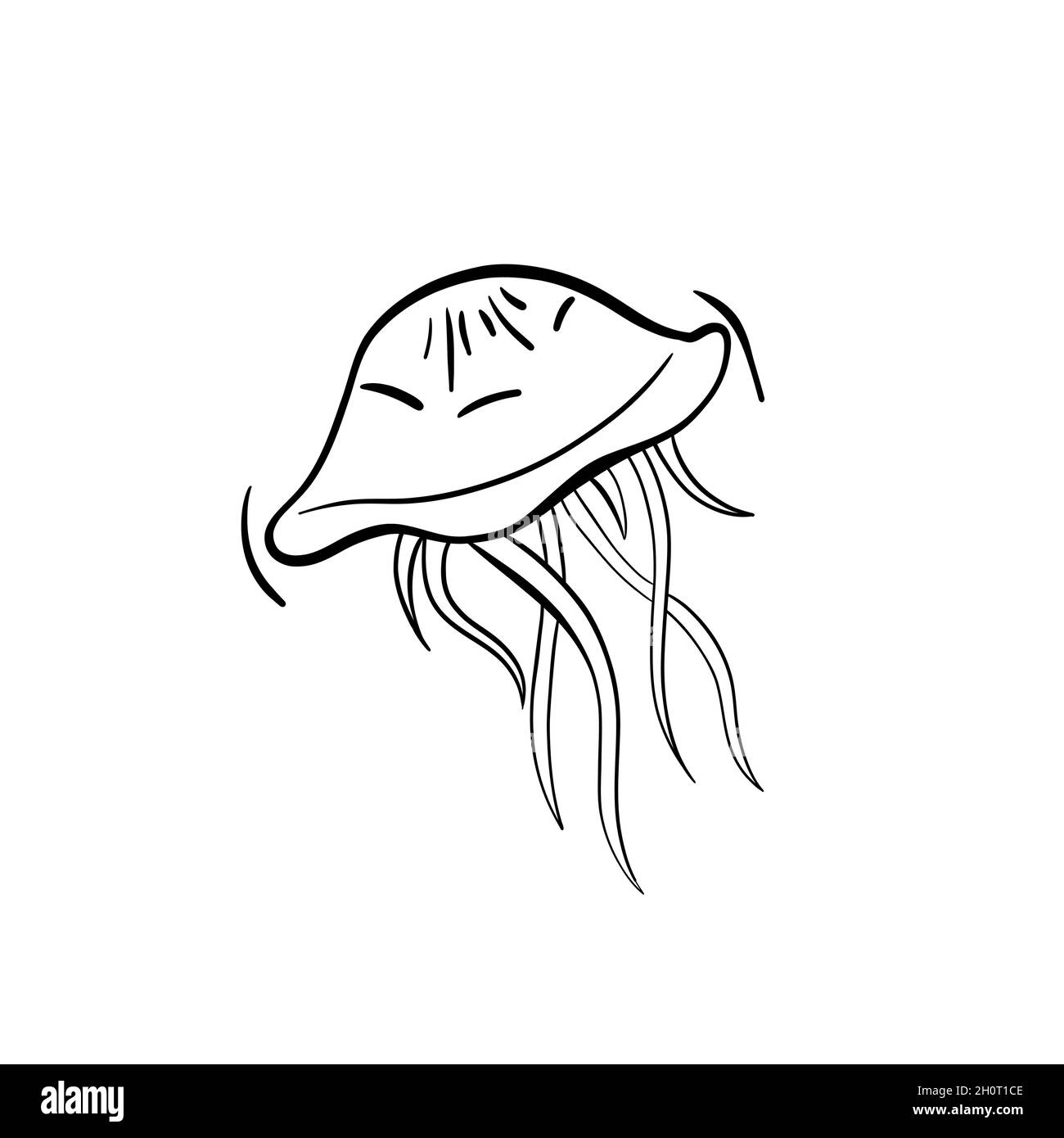Black Outline vector doodle caricature jellyfish icône Illustration de Vecteur