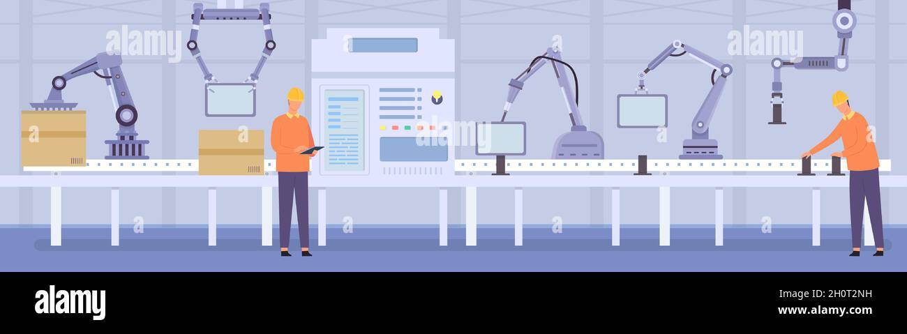 Les bras robotisés et les travailleurs sur la chaîne de production.Machines d'assemblage et d'emballage automatisées.Concept vectoriel Smart Factory Illustration de Vecteur