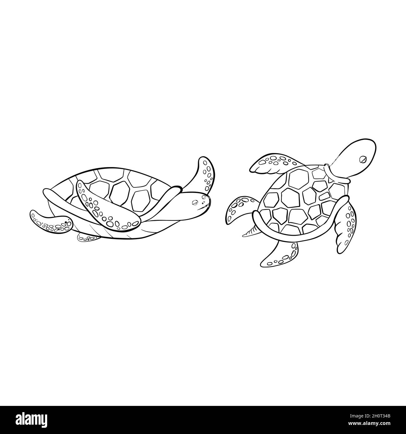 Vecteur noir dessin animé Doodle tortues de mer. Illustration de Vecteur